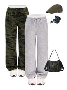 SHEIN Set de 2 piezas de pantalones anchos de punto de cintura elástica con parches, de unicolor y otro de estampado camuflaje, para niñas preadolescentes - Multicolor - Ver 4
