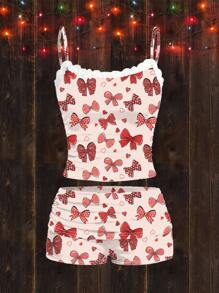 SHEIN EZwear Bộ 2 áo ba lỗ ren họa tiết bướm cổ điển và quần short nhún bèo dành cho nữ, trang phục thường ngày mùa hè - Nhiều màu - Xem 5