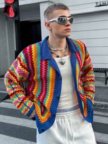 Manfinity VCAY 男士针织时尚休闲日常宽松前开短袖毛衣 - 彩色 - 查看 6