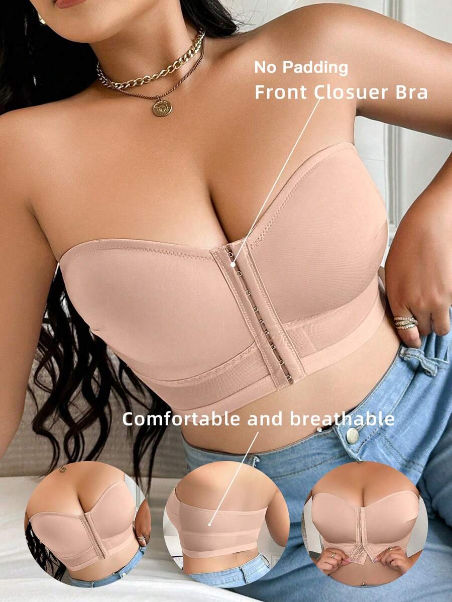 DesireSculpt 1 件大码前扣无钢圈文胸 - 杏色 - 查看 1