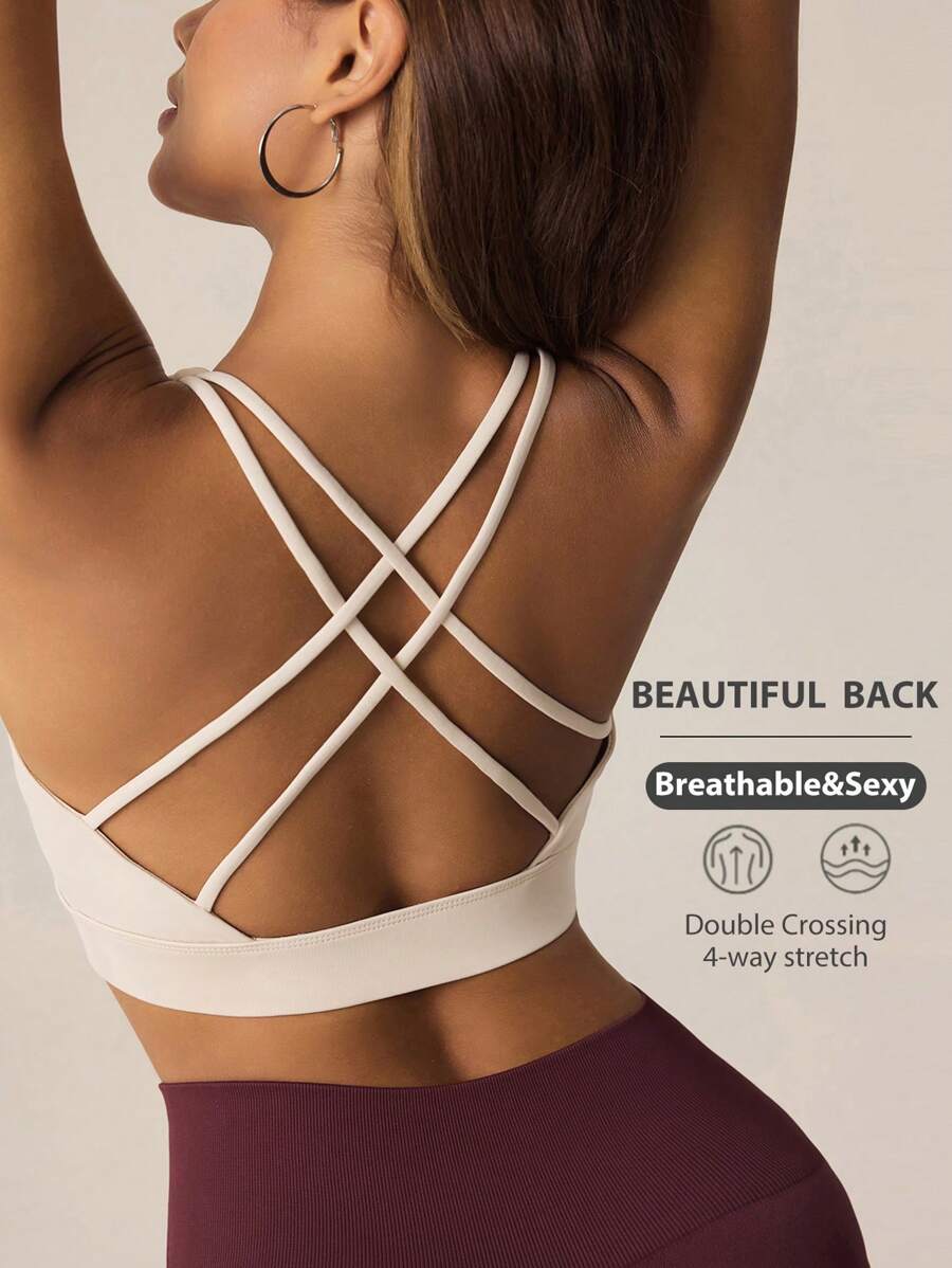 SHEIN Sports 女士纯色镂空简约运动胸罩，休闲与日常穿着 - 杏色 - 查看 1