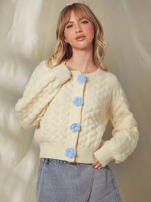 WESTFADE Summer Flower Button Long Sleeve Cozy Textured Knit Cardigan Sweater - Apricot - View 4