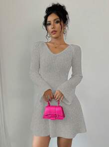 Chiquease Women V-Neck Long Sleeve Solid Color Casual Short Sweater Dress