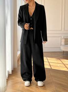 SHEIN EZwear Women's Deep V Sleeveless Vest & Solid Color Blazer & Pants 3pcs Suit Set - Black - View 4