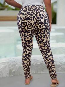 SHEIN LUNE 大码休闲豹纹紧身裤 - 咖啡棕 - 查看 2