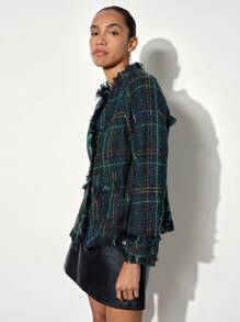 Maija Women's Elegant Plaid Fringe Trim Casual Jacket Coat, Suitable For Christmas, Autumn/Winter - Dark Green - View 6