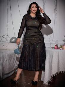 SHEIN Privé Plus Size Long Sleeve Chinese Style New Year Party Dress, Elegant Polka Dot & Sequin Printed Mermaid Dress For Valentine - Black - View 5