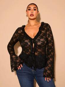 SHEIN BAE Plus Size Lace Tie Bowknot Blouse For Women, Elegant Summer Ladies Holiday Party Outfit, Long Sleeve Sexy Ruffled Open Front Design Valentine's Day