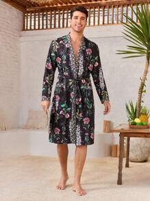 Manfinity Underwear&Sleepwear Basics Floral Print Men's Casual Long Sleeve Robe, Everyday Loungewear - Dusty Pink - View 4