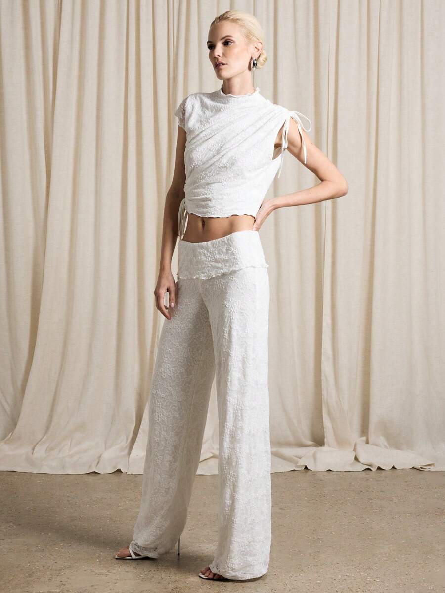 AiiRZ Short Sleeve Lace Crop Top And Fold Over Trouser Co Ord - White - View 1