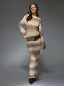 MISSGUIDED Váy Maxi Dệt Kim Tay Chuông Thu Đông Áo Len Hở Lưng Thiết Kế Dự Tiệc Ngày Lễ Cưới Khách Váy Dài Thanh Lịch - Cà phê nâu - Xem 5