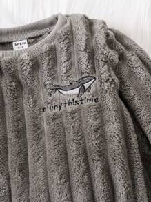 2pcs Young Boys Cute Whale Embroidery Grey Striped Thermal Long Sleeve Pajama Set, Comfortable And Warm
