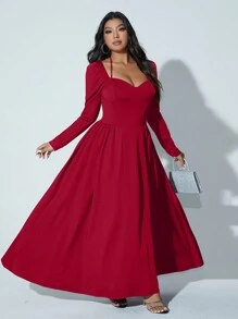 SHEIN Unity 大码女式纯色甜心领长袖褶皱长款优雅连衣裙酒红色女装 - 酒紅色 - 查看 2