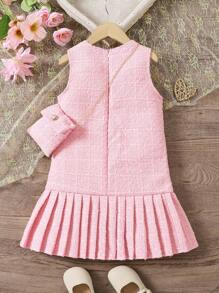 SHEIN Elladie kids Đầm xòe xếp ly cổ tròn màu trơn dễ thương cho bé gái - Hồng - Xem 2