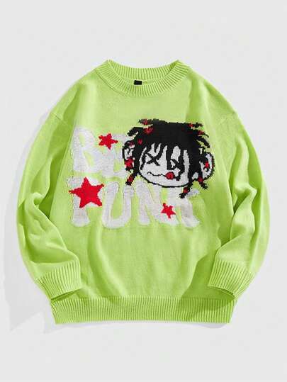 Street Life Suéter de cuello redondo de manga larga con detalles gráficos para hombre, uso diario casual