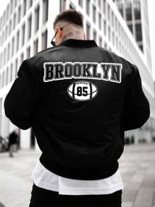 Manfinity Homme 男士字母印花拉链前棒球领户外风衣外套，外出黑色字母长袖轻便夹克，适合朋友、丈夫、男朋友的礼物，秋季 - 黑色 - 查看 2