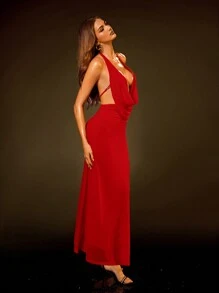 SHEIN SXY 节日连衣裙女士服装圣诞红色连衣裙性感立领露背网纱透视情趣连衣裙 - 紅色 - 查看 4