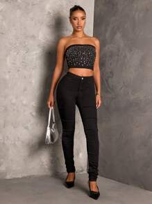 SHEIN BAE Pantalones vaqueros negros ajustados de tiro alto con estirado sexy para mujer para fiestas