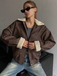 DAZY 女士立领拉链长袖休闲日常时尚外套，冬季女装，冬季女式外套，秋季女式皮夹克 - 棕色 - 查看 4