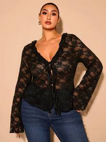 SHEIN BAE Plus Size Lace Tie Bowknot Blouse For Women, Elegant Summer Ladies Holiday Party Outfit, Long Sleeve Sexy Ruffled Open Front Design Valentine's Day