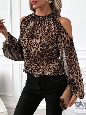 SHEIN Clasi Women's Elegant Brown Leopard Print Ruffle, Ruched Collar, Ruffle Lantern Sleeve Long Sleeve Blouse