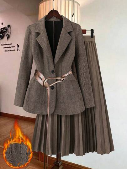 Franclia 2024 New Fashion Women's Suit Set, Retro Style Suit Jacket & Pleated Skirt Set Fall Cloth For Women