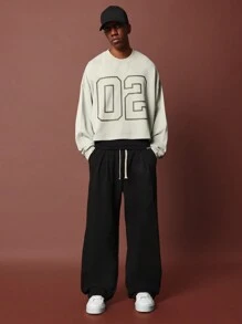 SUMWON Varsity Number 02 Cropped Sweatshirt Long Sleeve Casual Streetwear Crew Neck Cotton Fleece Pullover Athleisure Urban Loungewear Autumn Winter - Green - View 3