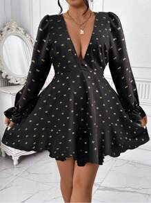 SHEIN Clasi Robe élégante à imprimé nœud col V profond, grande taille, automne - Noir - Voir 4