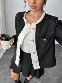 SHEIN Unity 女士黑白荷叶边优雅秋冬外套 - 黑色 - 查看 3