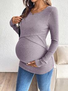 SHEIN Maternity Solid Color Round Neck Ribbed Long Sleeve Nursing Top - Purple - View 7
