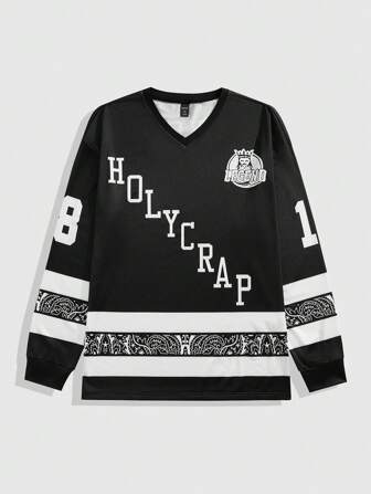 Prep T-shirt casual de sport à manches longues, col en V, avec imprimé slogan pour hommes