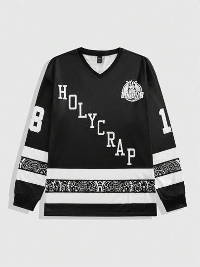 Prep Men's Jersey Slogan Print V-Neck Long Sleeve Casual Sports T-Shirt