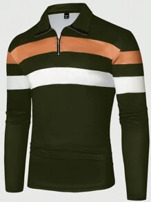 Manfinity Homme Men Plus Size Front Zip Closure Long Sleeve Colorblock Minimalist Casual Polo Shirt, Fall - Multicolor - View 3