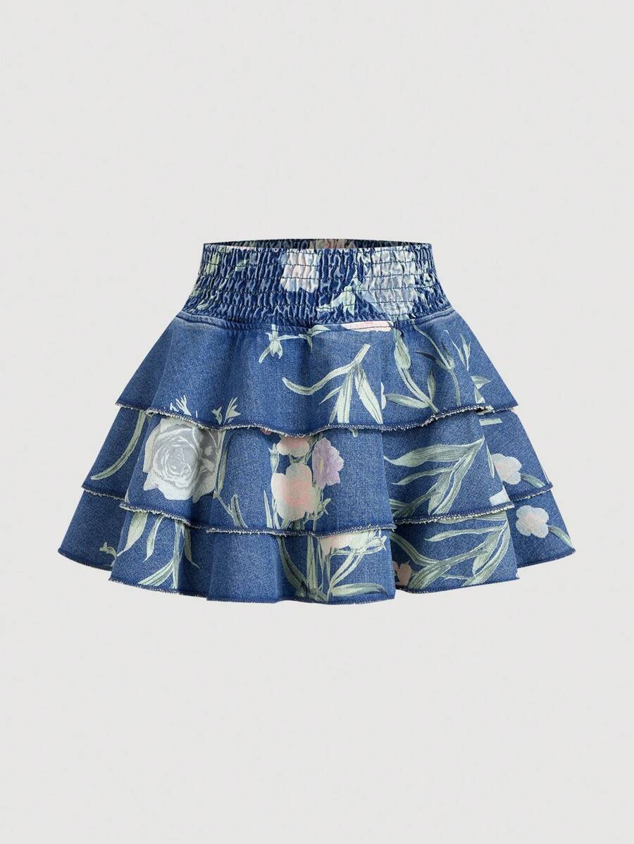 SHEIN MOD 女式花卉印花褶皱腰多层牛仔迷你裙 - 藍色 - 查看 1
