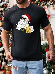 Manfinity Homme Áo thun nam cổ tròn in hình ông già Noel bia Manfinity Christmas Santa Claus cỡ lớn thường ngày - màu đen - Xem 2
