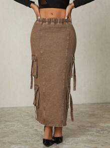 SHEIN SXY Casual Mid-Length Women Denim Skirt - Coffee Brown - View 5