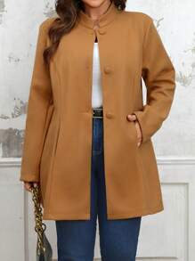 SHEIN LUNE 1 chiếc áo khoác dài tay thường ngày cổ đứng cỡ lớn dành cho nữ phong cách Giáng sinh, thích hợp cho mùa thu/đông - Màu Khaki - Xem 6