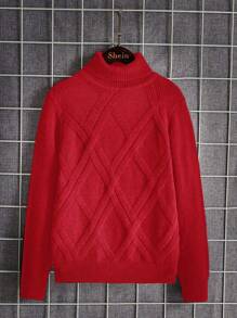 SHEIN 秋冬季男童纯色高领长袖休闲宽松针织毛衣 - 紅色 - 查看 4
