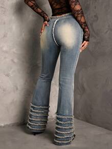 SHEIN BAE 女式性感紧身弹力喇叭牛仔裤，带流苏下摆，蓝色 - 深色水洗藍 - 查看 2