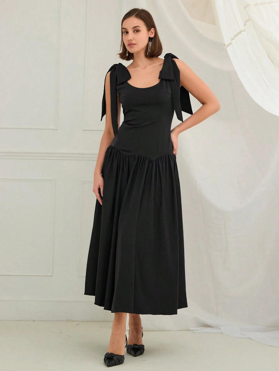 Enchnt Women's Elegant Solid Color Belted Sleeveless Dress,Christmas Dress, Sexy Dress, New Years Dress ,Winter Outfits,Elegant Women Dresses,Holiday Dress,For Christmas Party&Romantic Dinner Dates - Black - View 1