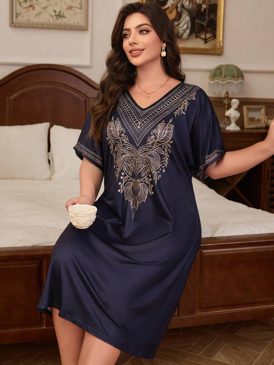 复古印花大码睡衣睡袍