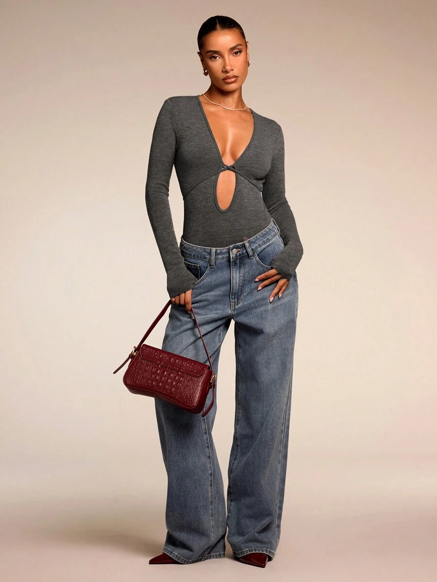 SHEIN BAE Body de mujer de unicolor con cuello en V profundo y calado