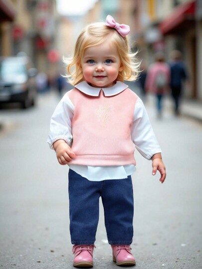 Conjunto de blusa e calça jeans casual rosa 2 em 1 para bebê menina para outono/inverno