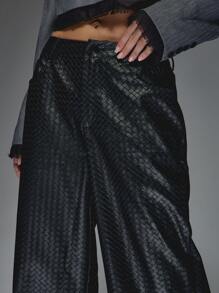 MISSGUIDED Pantalones palazzo de pierna ancha de piel sintética con estampado tejido, cintura alta para uso formal en otoño e invierno, pantalones con textura de lujo y diseño de moda moderno y vanguardista - Negro - Ver 4