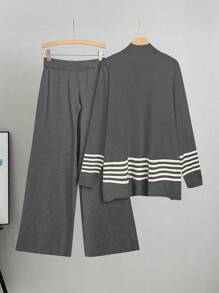 Linhara Conjunto de suéter y pantalones informal de tallas grandes con bloques de color y rayas, para otoño/invierno