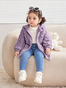 SHEIN Leap Crew 女婴长袖圆领毛绒纹理连帽夹克，适合派对，秋冬季