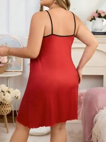 Plus Size Bow-Tied Straps Print Knit Chemise Nightgown - Red - View 2