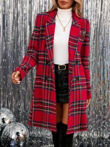 SHEIN LUNE New Year Holiday Women Outfits Red Plaid Jacket Christmas Red Plaid Women Jacket For Party, Winter - Red - View 1