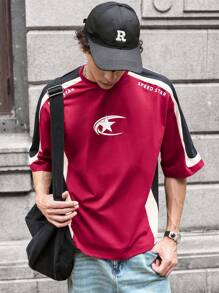 SWAVVY 男士针织休闲日常宽松拼布短袖T恤，时尚年轻，夏季 - 紅色 - 查看 4