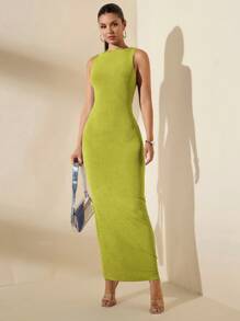 SHEIN BAE Women's Sleeveless Solid Blue Dress, Textured Fall Dress For Layering - Olive Green - View 3
